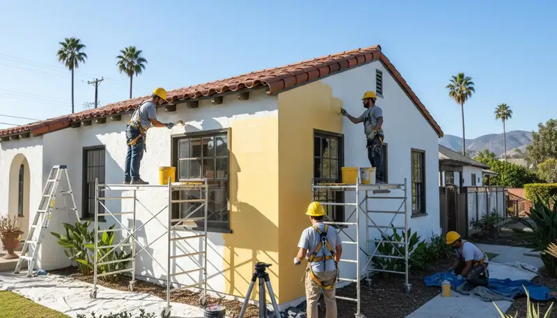 Professional painters working on a La Jolla, CA home exterior for painting services